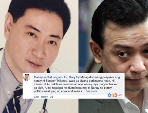 Trillanes, ni minsan hindi sinamahan ang Ina magpa check-up – Dr. Gary Sy